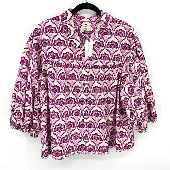 NWT ANTHROPOLOGIE Maeve Purple White Zooey Bubble Sleeve Pleated Crop Blouse XL - Picture 2 of 7
